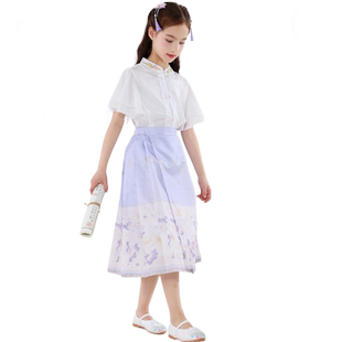 女童国风套装儿童夏装新款新中式短袖雪纺T恤马面半裙两件套
