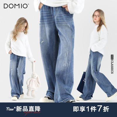 女童牛仔裤大童破洞直筒裤