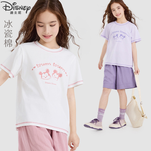 迪士尼女童套装夏季儿童短袖裤子两件套大童洋气T恤短裤薄款童装