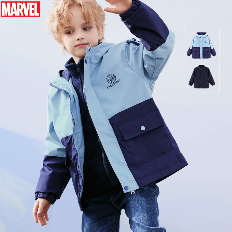 迪士尼男童冲锋衣儿童秋装新款外套户外防风衣三合一摇粒绒内胆