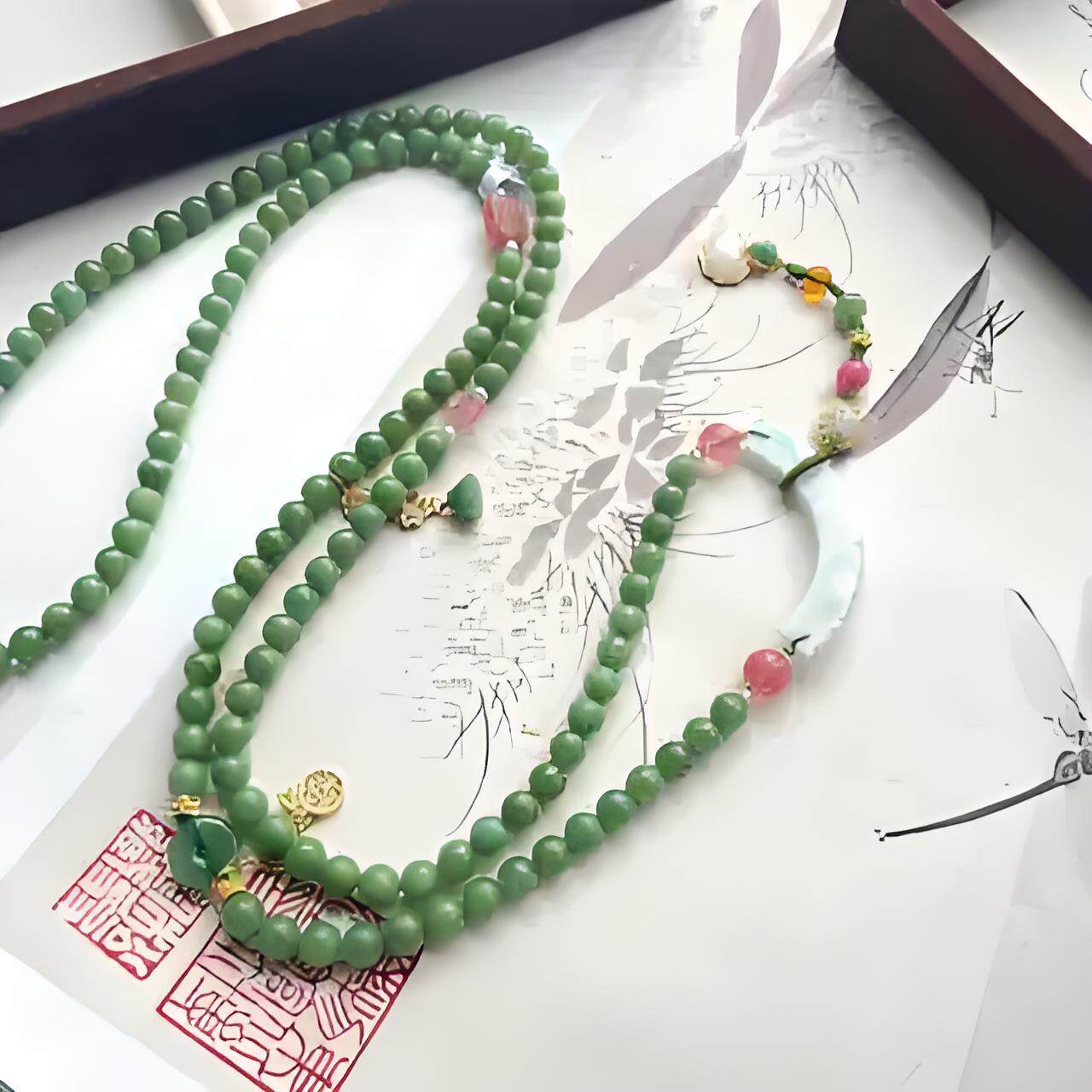 新中式长款斜挎链珠翡翠玉石串珠项链女国风旗袍配饰古风璎珞背链