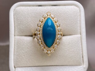湖北十堰天然原矿无优化绿松石戒指18K金镶嵌高瓷蓝精品时尚 大气