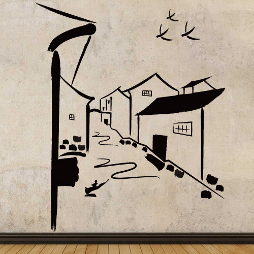 江南水乡画贴民族风景墙贴防水墨画手绘中国中式风格贴纸国画贴画