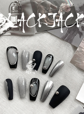 原创黑白酷飒欲望都市穿戴甲ins个性小众高级感nails秋冬美甲成品