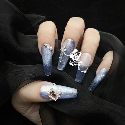 仙女清透蓝色系穿戴甲秋日显白拼珠赛博朋克2024年新款短款高级感