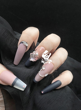 纯手工黑粉配色显白锆石拼钻穿戴甲不撞款高级欧美简约长甲细狗梯