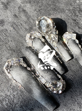 灰色晕染渐变水泥盔全华锆石简约高级感轻奢手工手作中长款穿戴甲