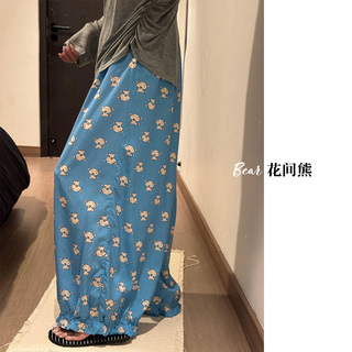 夏季新款可爱卡通遛弯裤棉绸大裤腿花苞裤女士宽松凉快可外穿长裤