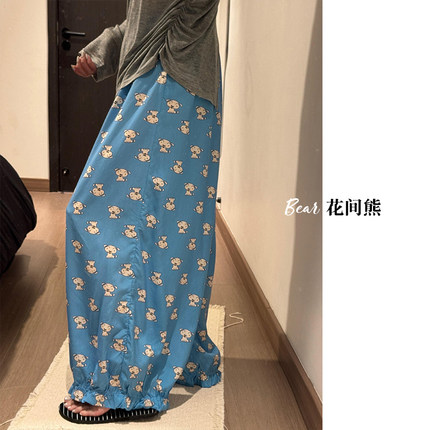 夏季新款可爱卡通遛弯裤棉绸大裤腿花苞裤女士宽松凉快可外穿长裤