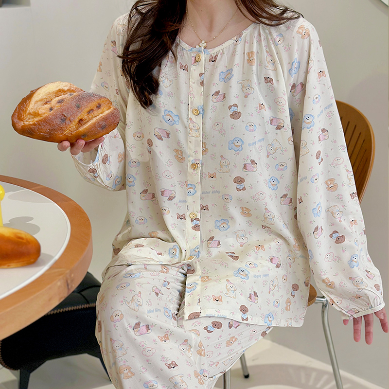 可爱小狗排扣开衫棉绸睡衣卡通宽松圆领舒适薄款空调服家居服套装