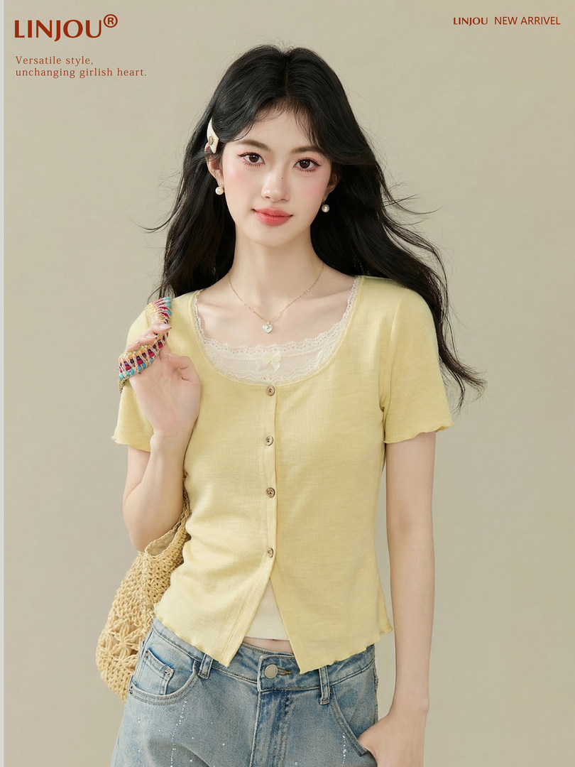 Model wearing a pale yellow short-sleeve button-front knit top with lace neckline