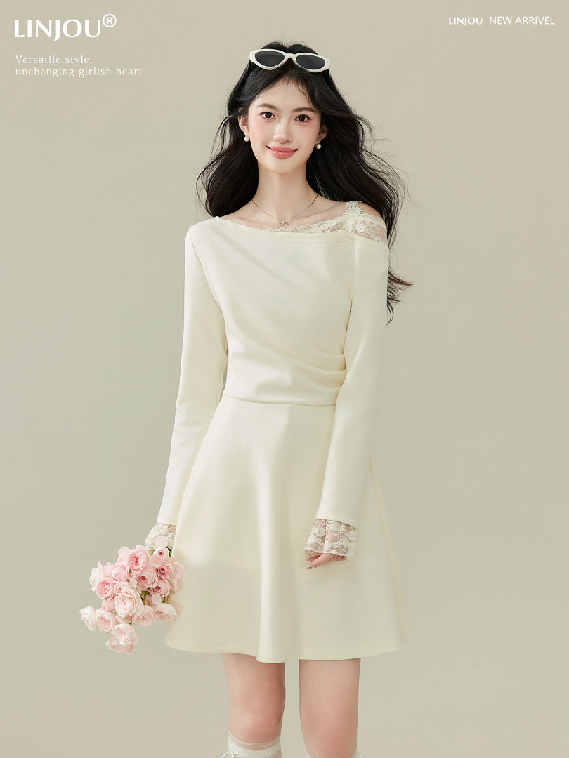 Cream off-shoulder lace-trim dress worn by a model