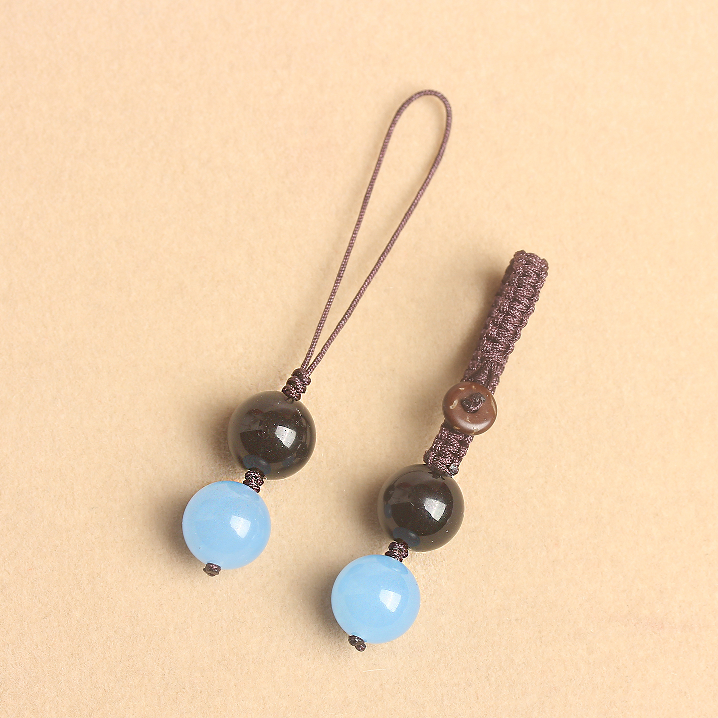 天然黑曜石喜水蓝晶手机挂件