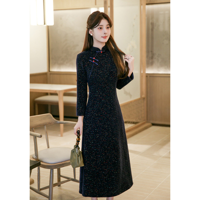 黑色加绒加厚新中式改良旗袍