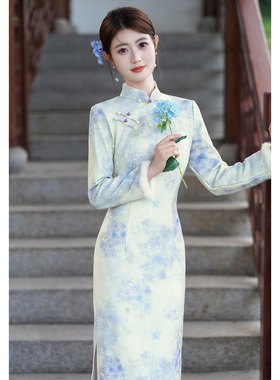 紫色国风新中式长款改良长袖旗袍秋季2025新款女复古收腰日常可穿