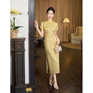 浅黄色改良旗袍女2026新款夏季高级感气质国风短袖连衣裙贵气长款