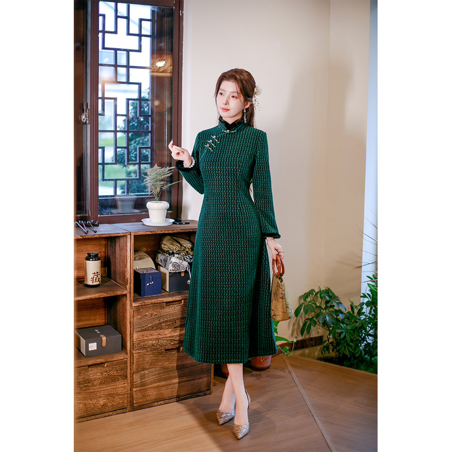 绿色显瘦妈妈加厚旗袍