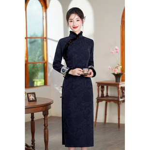 藏青色加绒加厚冬装国风中式长款长袖旗袍2025新款年轻款女秋冬季