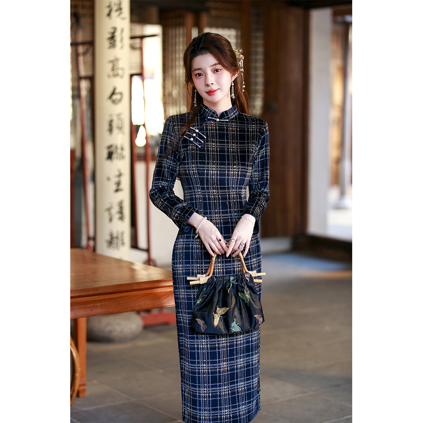 新中式格子改良旗袍女2025年春秋