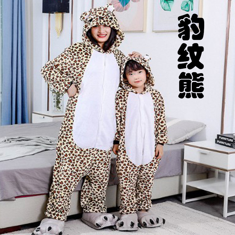 豹纹熊秋冬亲子连体睡衣男女童宝宝珊瑚绒表演出服情侣卡通家居服