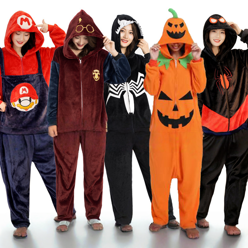 跨境电商外贸秋冬法兰绒动漫南瓜圣诞万圣节儿童动物连体睡衣男女