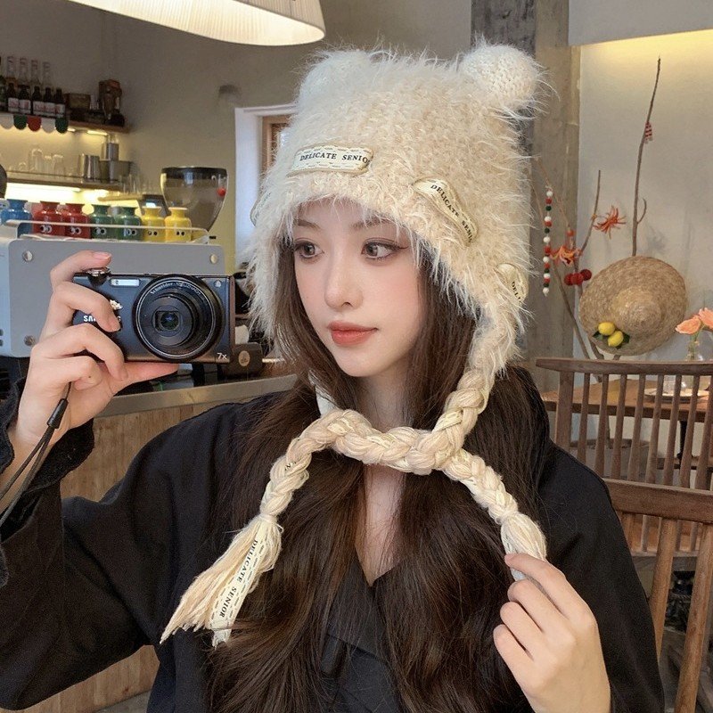 进口可爱猫耳毛绒辫子针织帽子女秋冬季甜美显脸小保暖护耳包头帽