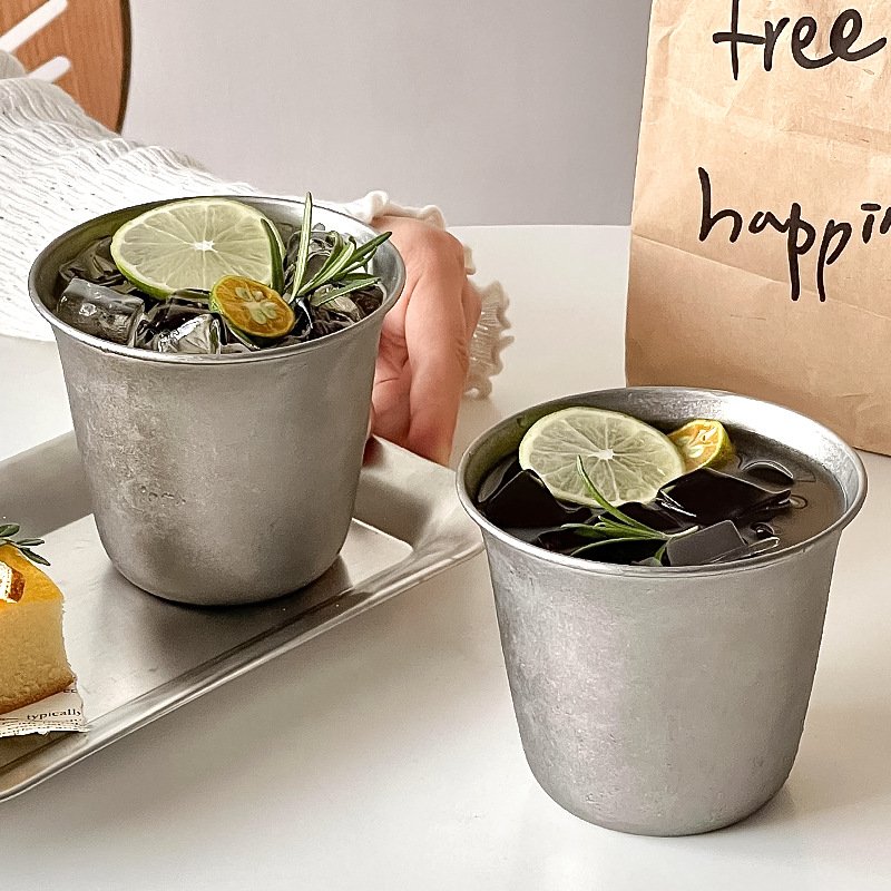 进口复古美式磨砂食品级不锈钢咖啡杯水杯冷饮杯加厚宽口杯工业风