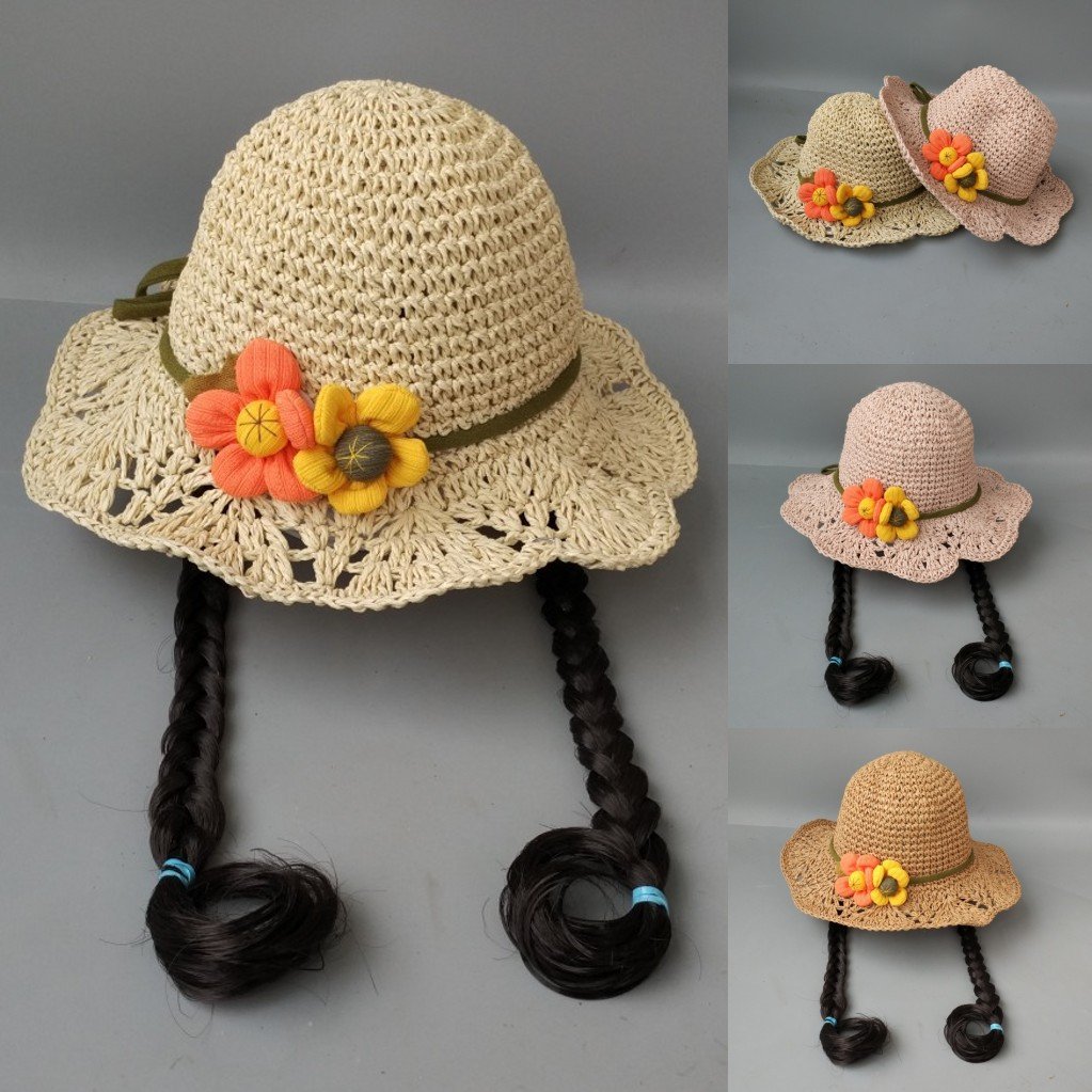 进口女宝宝遮阳夏薄凉防晒太阳帽子可爱女童沙滩公主儿童麻花假发