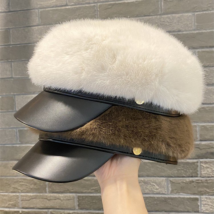进口秋冬仿水貂毛贝雷帽子女显脸小毛绒画家帽纯色皮质保暖八角帽