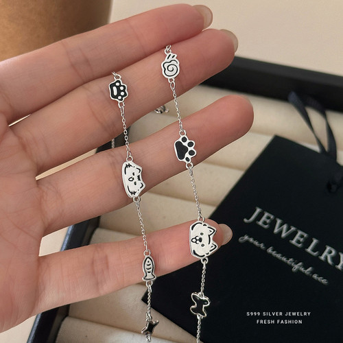 【情侣日记】s999足银手链猫咪狗狗简约ins风复古涂鸦时尚高级