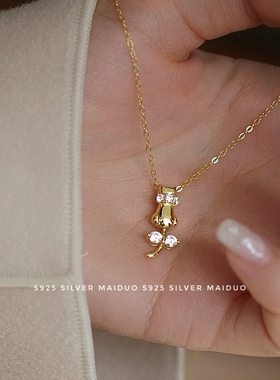 锆石925纯银蝴蝶结女猫咪项链