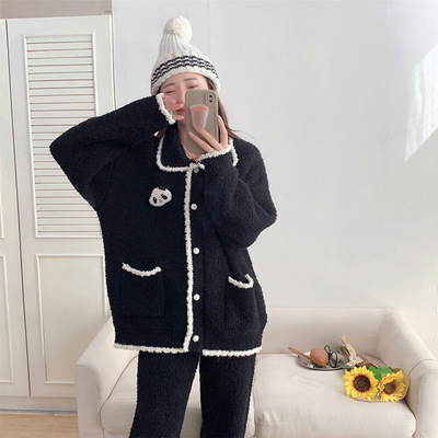 冬季可爱卡通软绵绵半边绒睡衣女加绒加厚可外穿翻领家居服套装