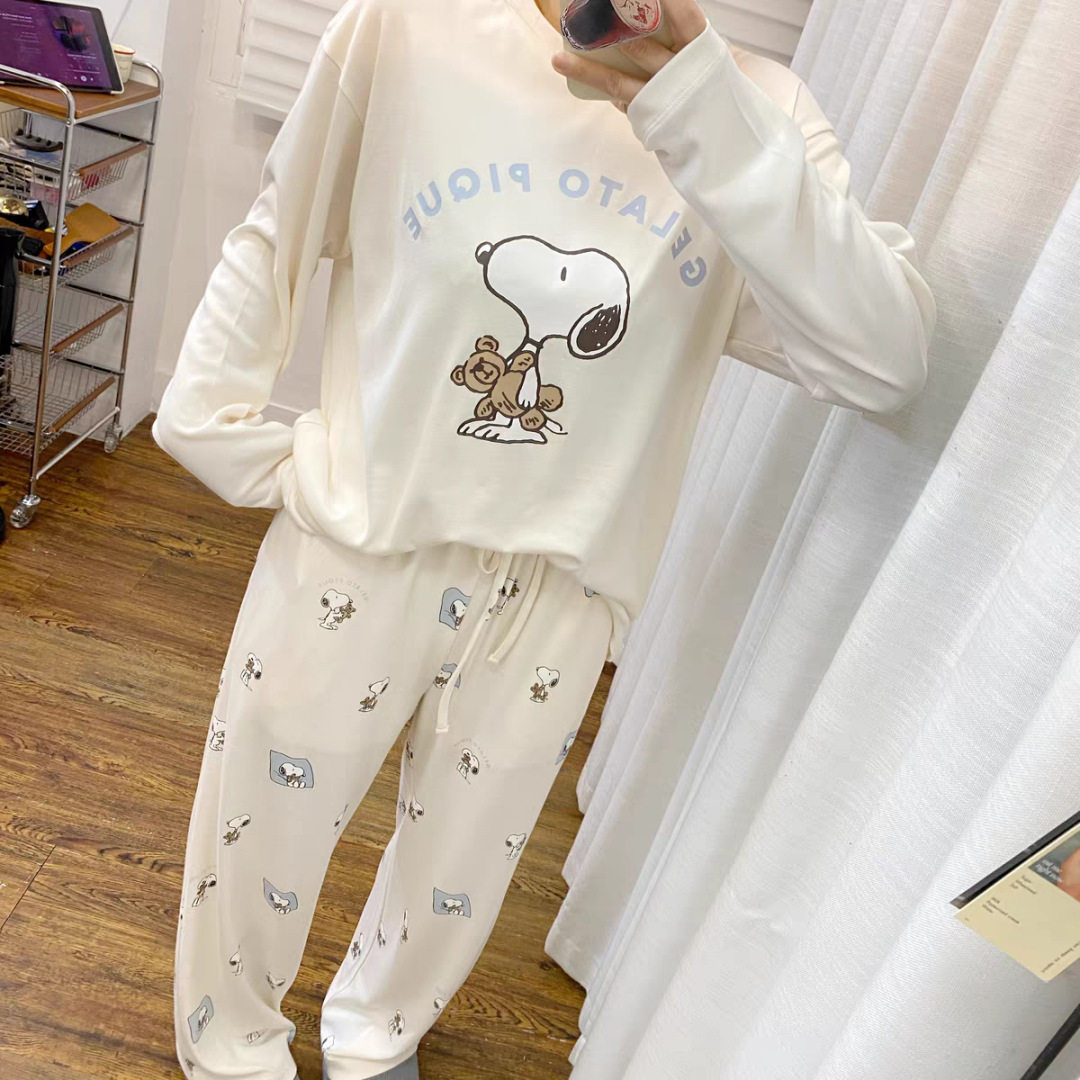 软绵绵春季新冰淇淋史努比印花柔软圆领长袖长裤女睡衣家居服