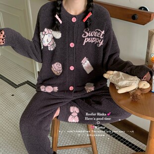 Reefur Rinka梨花家新款女圆领加厚保提花大耳狗长袖开衫家居