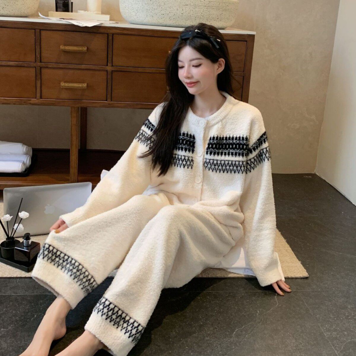 韩国东大门费尔岛提花圆领开衫睡衣秋冬新款半边绒家居服女士慵懒