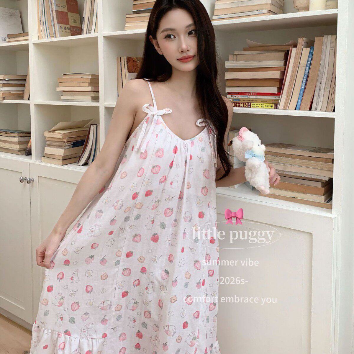 little puggy夏季卡通双层纱吊带裙防凸点纯棉软糯婴儿纱可爱睡裙