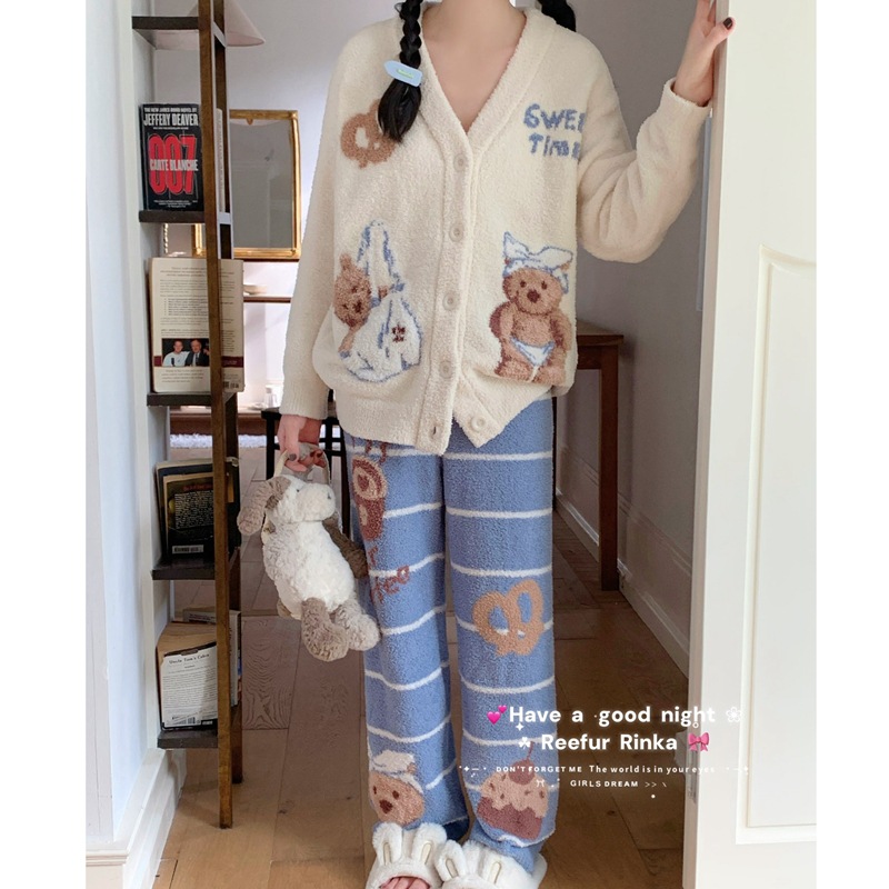 甜睡小熊开衫！梨花家秋冬软绵绵半边绒甜美风家居服女士外穿睡衣