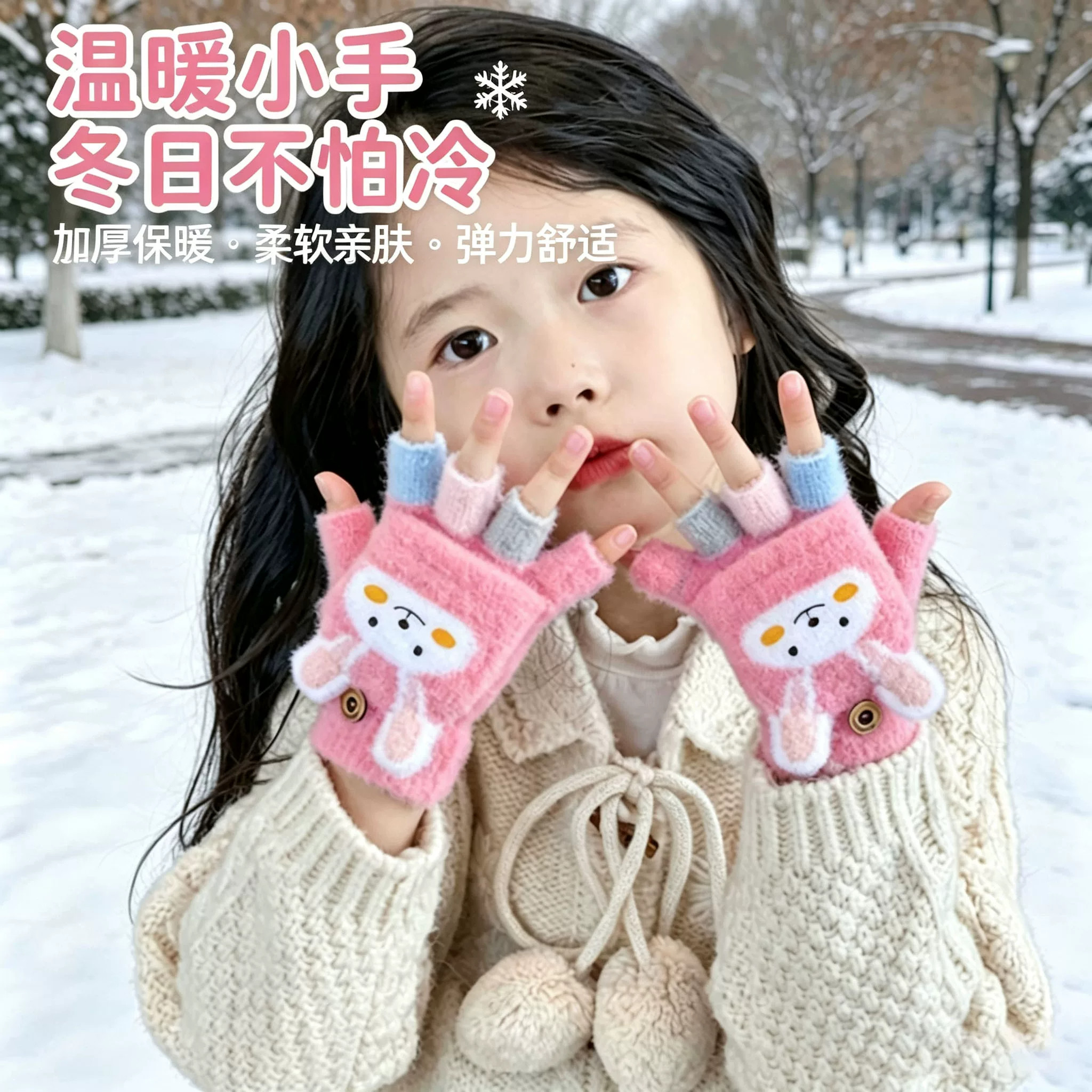 翻盖半指儿童手套秋冬季男女童保暖手套小学生写字半指翻盖护手套