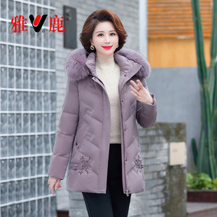 雅鹿中老年中长款妈妈装加厚羽绒服冬季外套新款奶奶短款品牌