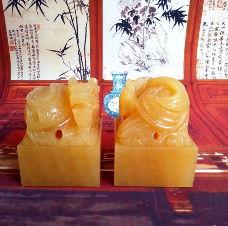 天然米黄玉印章摆件玉石雕刻米黄玉龙凤印章玉玺摆件龙凤呈祥摆件