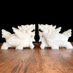玉石白玉龙龟摆件纯手工雕刻家居玄关客厅装饰礼品现代新中式摆件