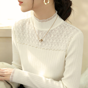 蕾丝拼接半高领针织衫女士内搭钉珠勾花麦穗修身打底衫春秋冬毛衣