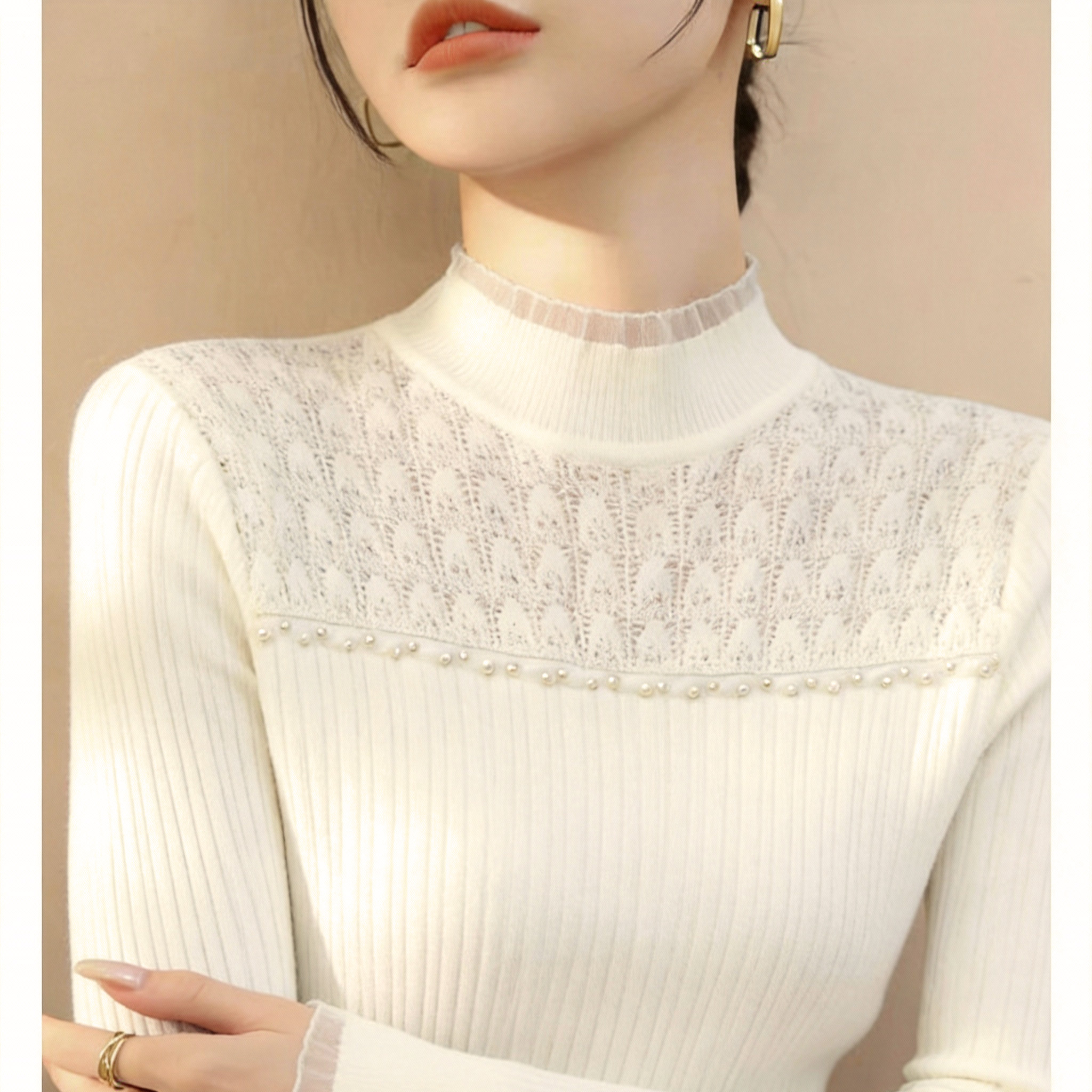 蕾丝拼接半高领针织衫女士内搭钉珠勾花麦穗修身打底衫高级感毛衣