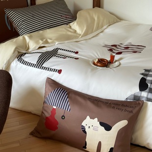 复古床品 ins100支长绒棉全棉四件套印花猫咪花瓶条纹纯棉被套四季