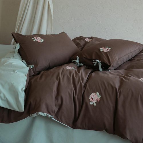法式长绒棉婴儿棉全棉床单四件套巧克力玫瑰刺绣纯棉被套柔软床品