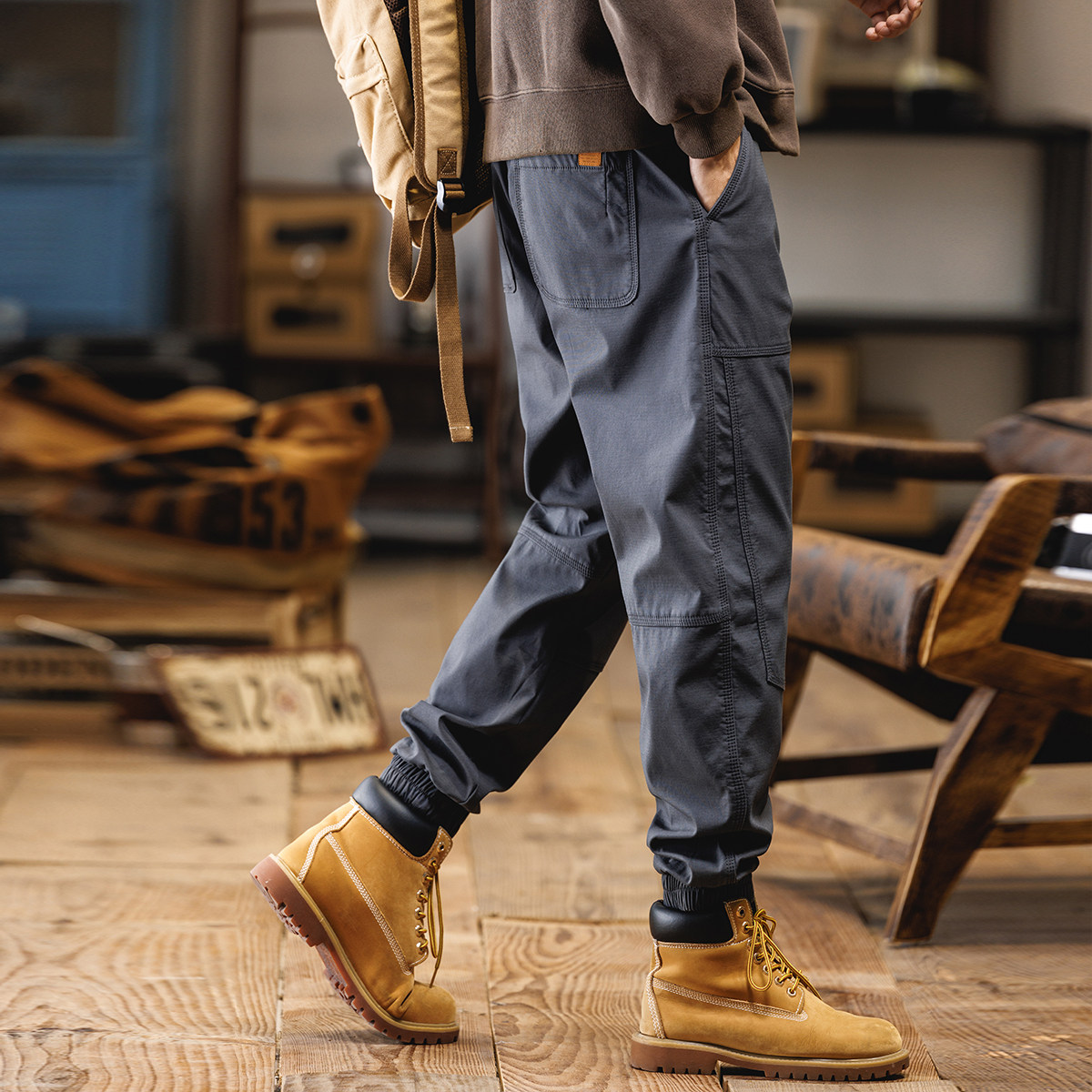 美式工装裤男秋冬款2025新款潮牌宽松男士加绒休闲裤男弹力束脚裤,男装,休闲裤,淘宝优惠券,粉丝福利购,淘宝优惠卷