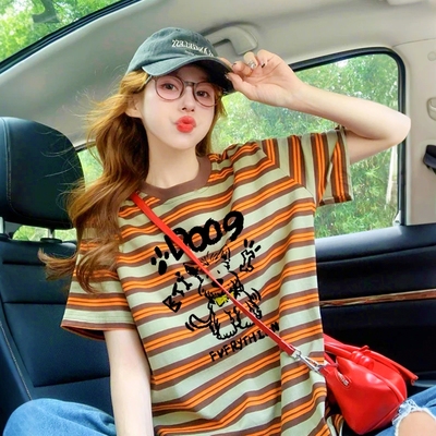 韩系减龄条纹卡通印花拼色圆领t恤女2026新款夏季宽松显瘦上衣