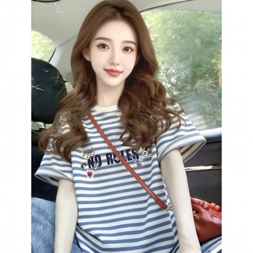 条纹雪花棉薄款拼色圆领短袖T恤女2026夏季新款休闲减龄百搭上衣