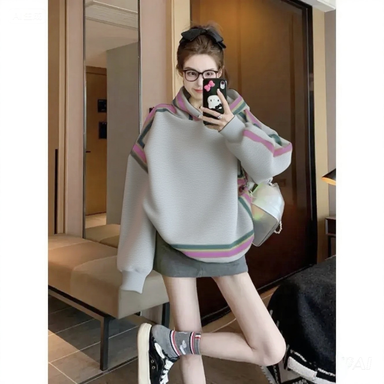 撞色连帽卫衣女2025新款秋冬款洋气独特别致中长款慵懒风灰色上衣