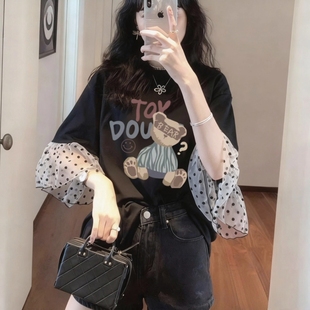 波点网纱拼接短袖卡通印花宽松T恤女夏季新款遮肉显瘦大码上衣